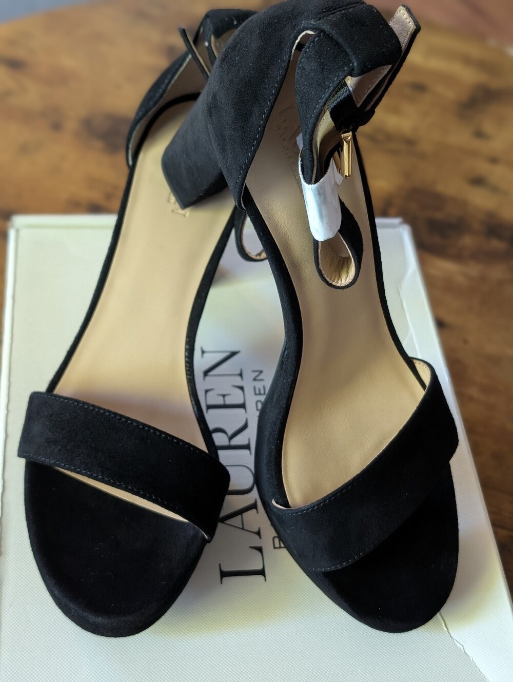 Lauren Ralph "Sylvia" Black Suede Block Heel Sandals